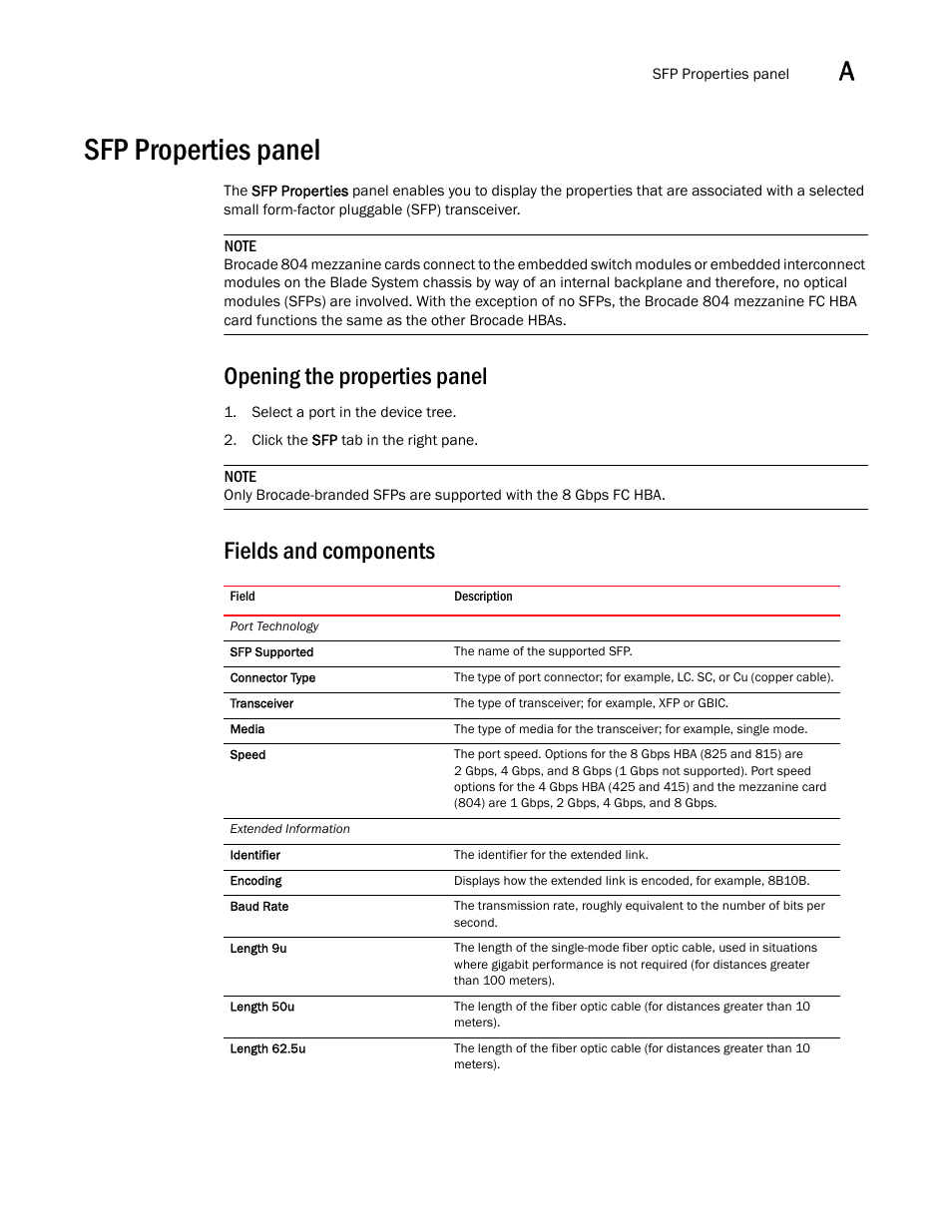 Sfp properties panel, Opening the properties panel, Fields and components | Brocade Communications Systems 415 User Manual | Page 121 / 186