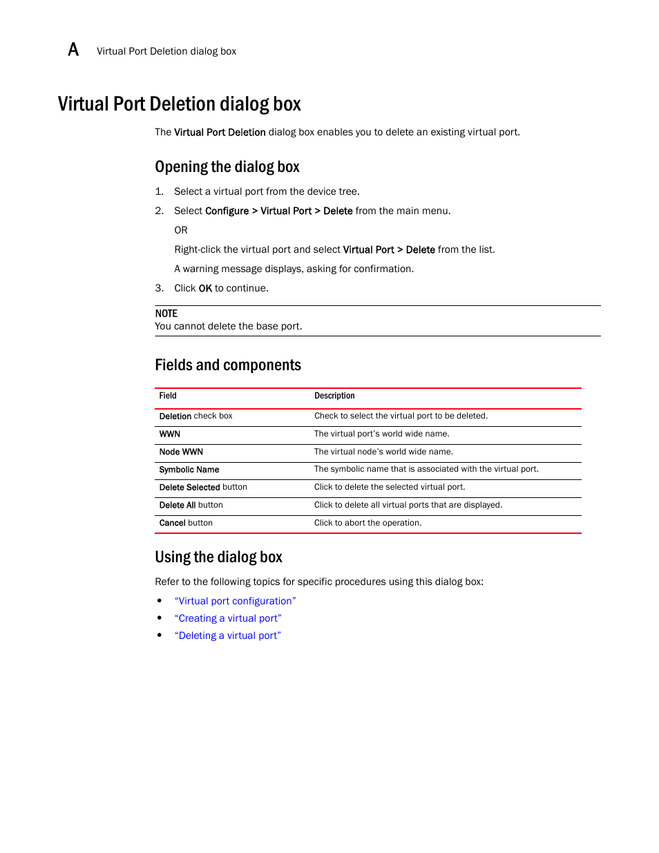 Virtual port deletion dialog box, Opening the dialog box, Fields and components using the dialog box | Brocade Communications Systems 415 User Manual | Page 130 / 186