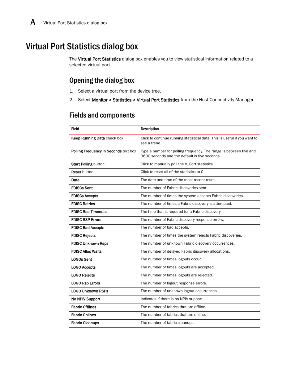 Virtual port statistics dialog box, Opening the dialog box, Fields and components | Brocade Communications Systems 415 User Manual | Page 132 / 186