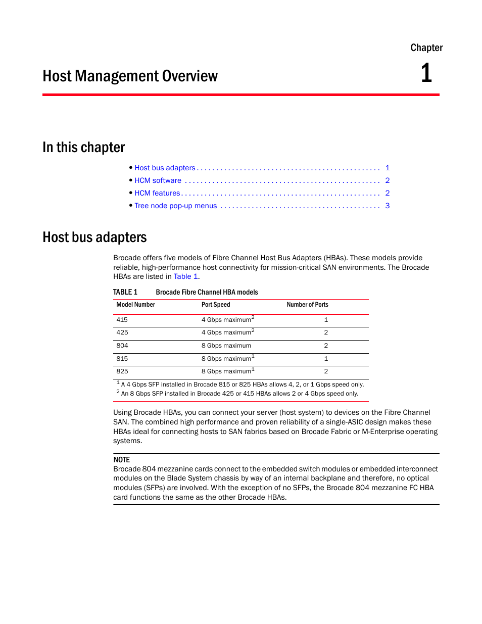 Host management overview, In this chapter, Host bus adapters | Chapter 1, Chapter 1, “host management overview, Chapter | Brocade Communications Systems 415 User Manual | Page 15 / 186