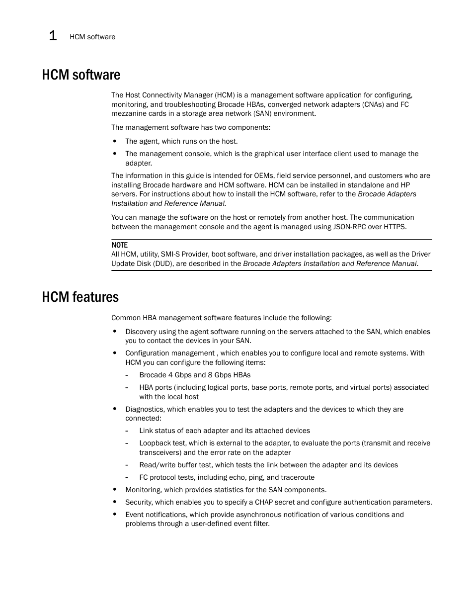 Hcm software, Hcm features | Brocade Communications Systems 415 User Manual | Page 16 / 186