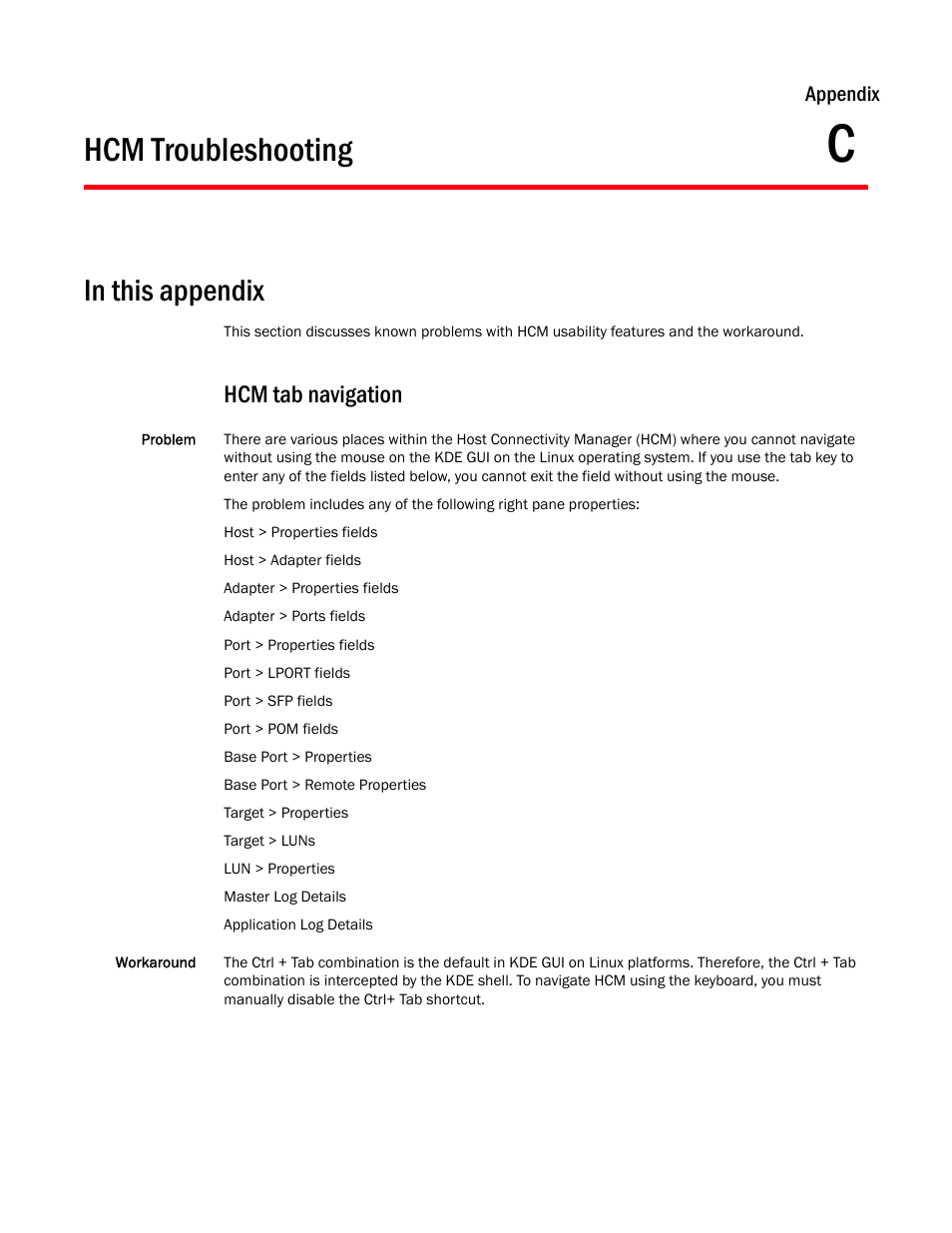 Hcm troubleshooting, In this appendix, Appendix c | Appendix c, “hcm troubleshooting, Hcm tab navigation | Brocade Communications Systems 415 User Manual | Page 177 / 186