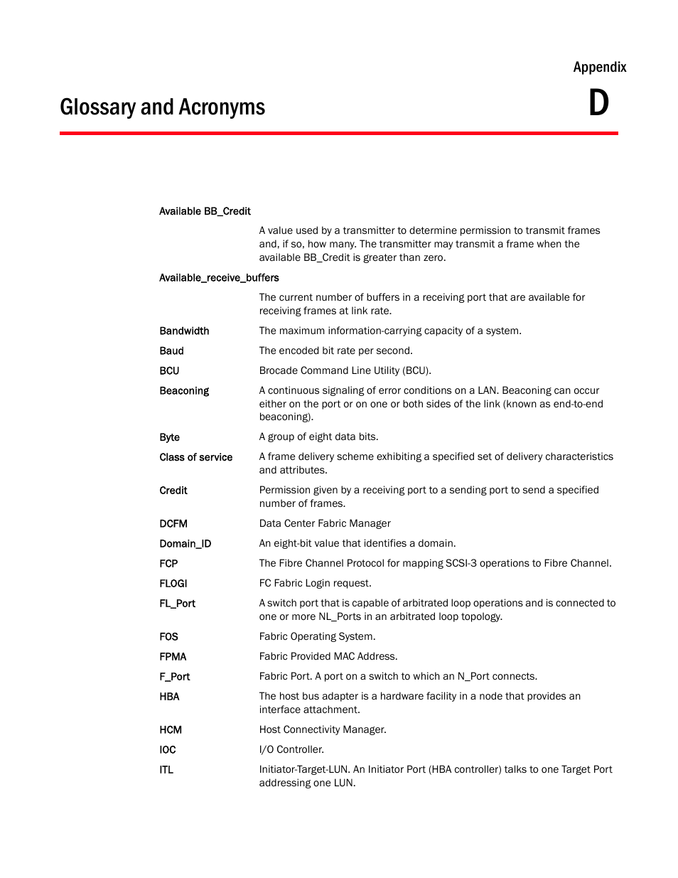 Appendix d, Glossary and acronyms, Appendix d, “glossary and acronyms | Appendix | Brocade Communications Systems 415 User Manual | Page 179 / 186