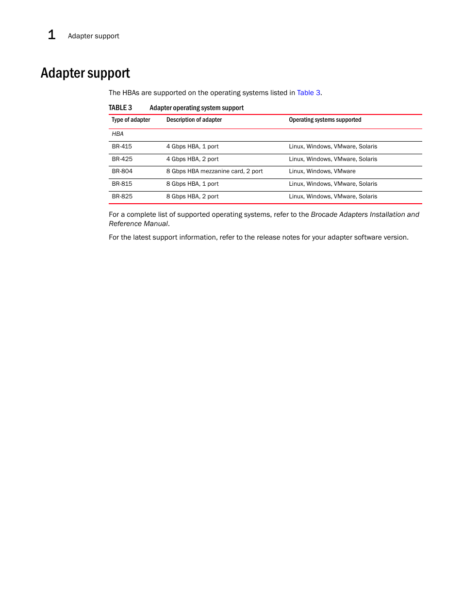 Adapter support | Brocade Communications Systems 415 User Manual | Page 18 / 186