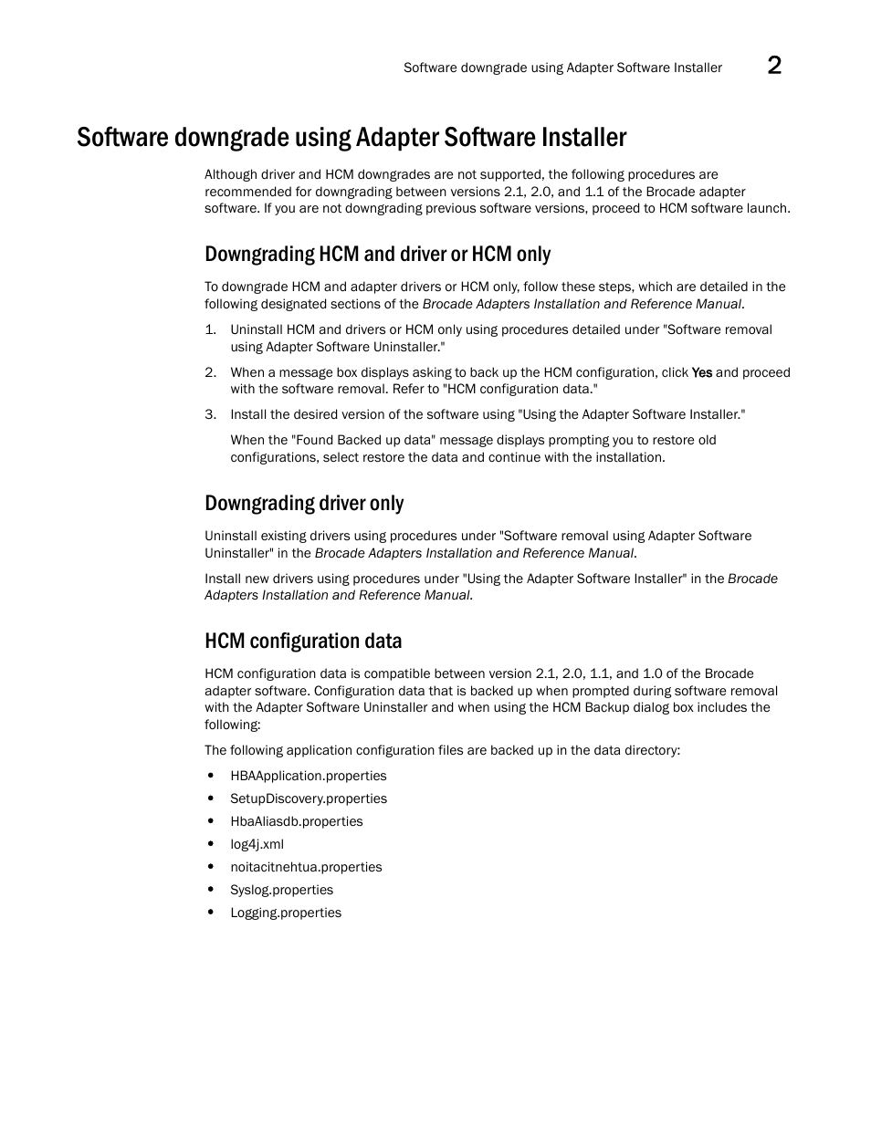 Downgrading hcm and driver or hcm only, Downgrading driver only, Hcm configuration data | Brocade Communications Systems 415 User Manual | Page 23 / 186