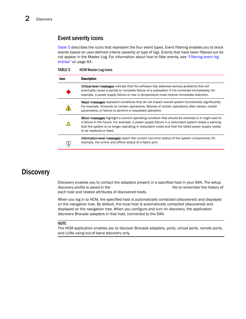 Event severity icons, Discovery | Brocade Communications Systems 415 User Manual | Page 28 / 186