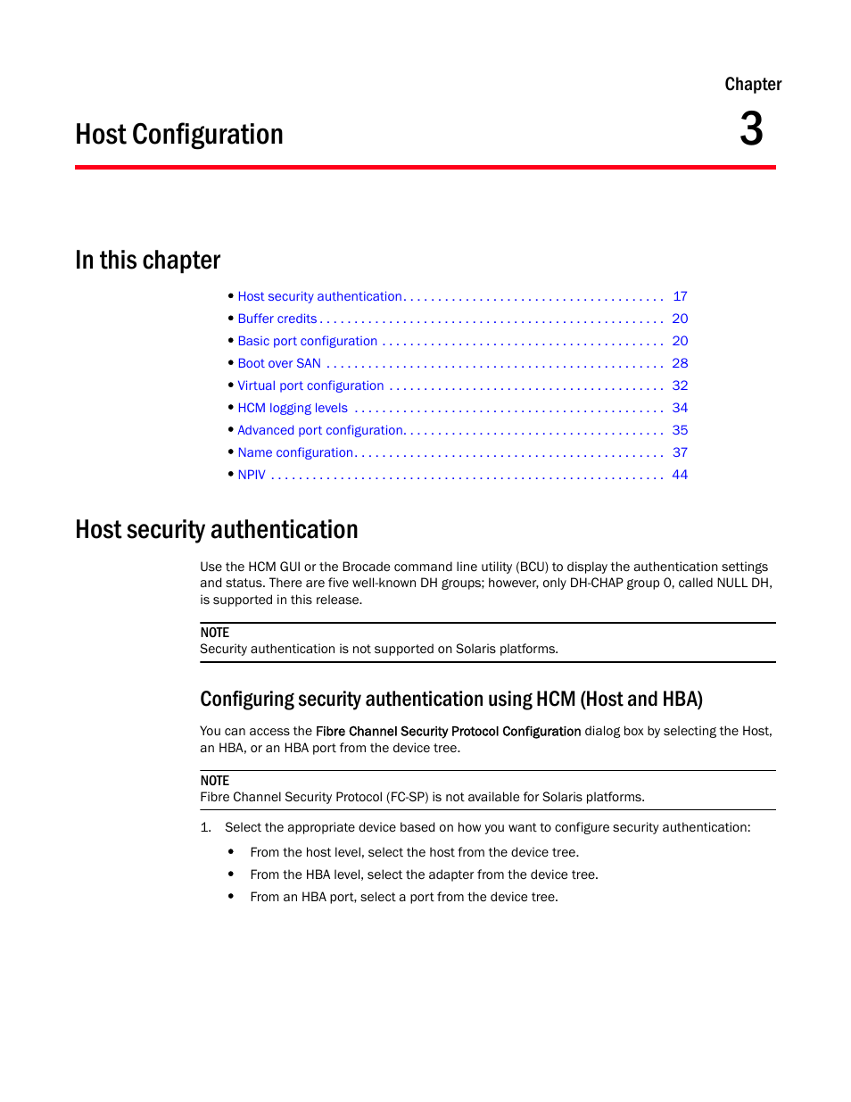 Host configuration, In this chapter, Host security authentication | Chapter 3, Chapter 3, “host configuration | Brocade Communications Systems 415 User Manual | Page 31 / 186
