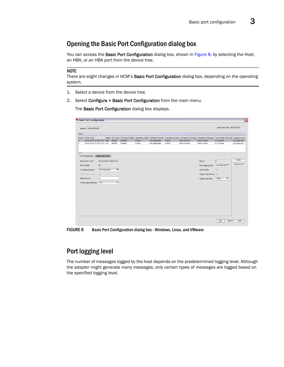 Opening the basic port configuration dialog box, Port logging level | Brocade Communications Systems 415 User Manual | Page 35 / 186