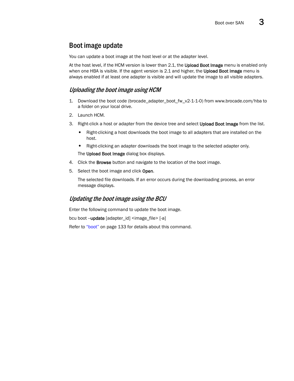 Boot image update, Uploading the boot image using hcm, Updating the boot image using the bcu | Brocade Communications Systems 415 User Manual | Page 45 / 186