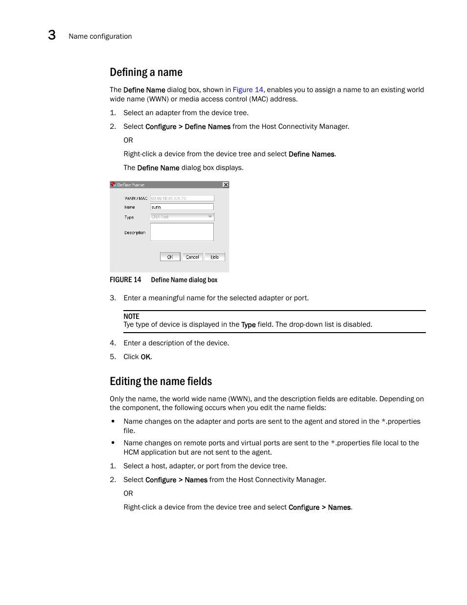 Defining a name, Editing the name fields | Brocade Communications Systems 415 User Manual | Page 52 / 186