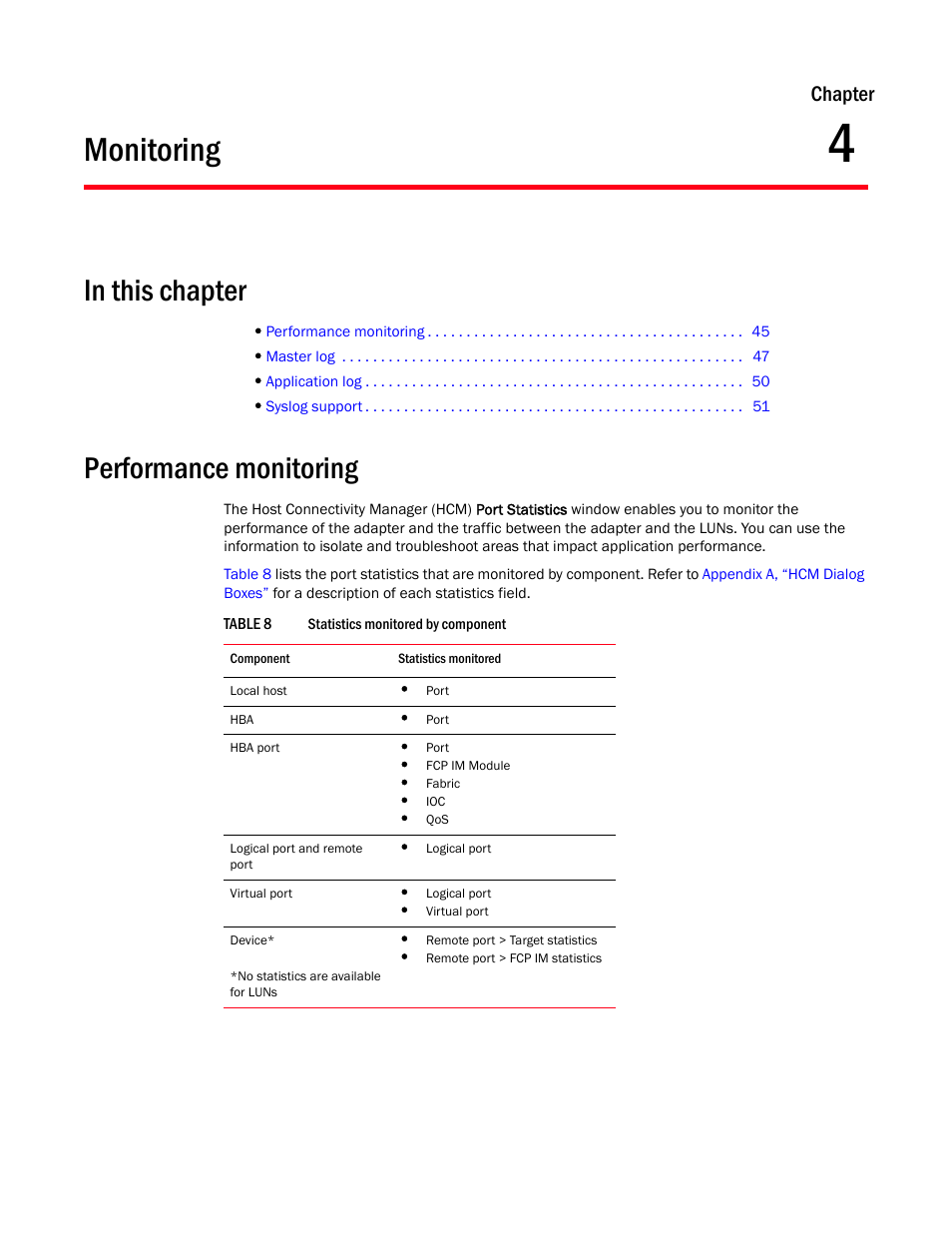 Monitoring, In this chapter, Performance monitoring | Chapter 4, Chapter 4, “monitoring, Chapter | Brocade Communications Systems 415 User Manual | Page 59 / 186