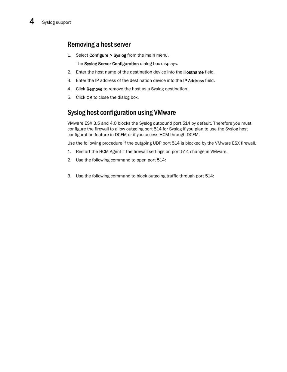 Removing a host server, Syslog host configuration using vmware | Brocade Communications Systems 415 User Manual | Page 66 / 186