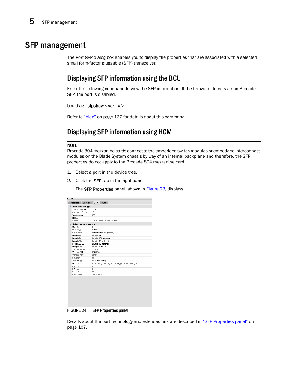 Sfp management, Displaying sfp information using the bcu, Displaying sfp information using hcm | Brocade Communications Systems 415 User Manual | Page 74 / 186