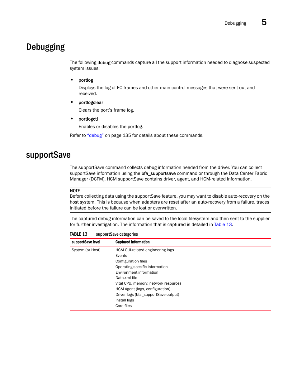 Debugging, Supportsave | Brocade Communications Systems 415 User Manual | Page 75 / 186