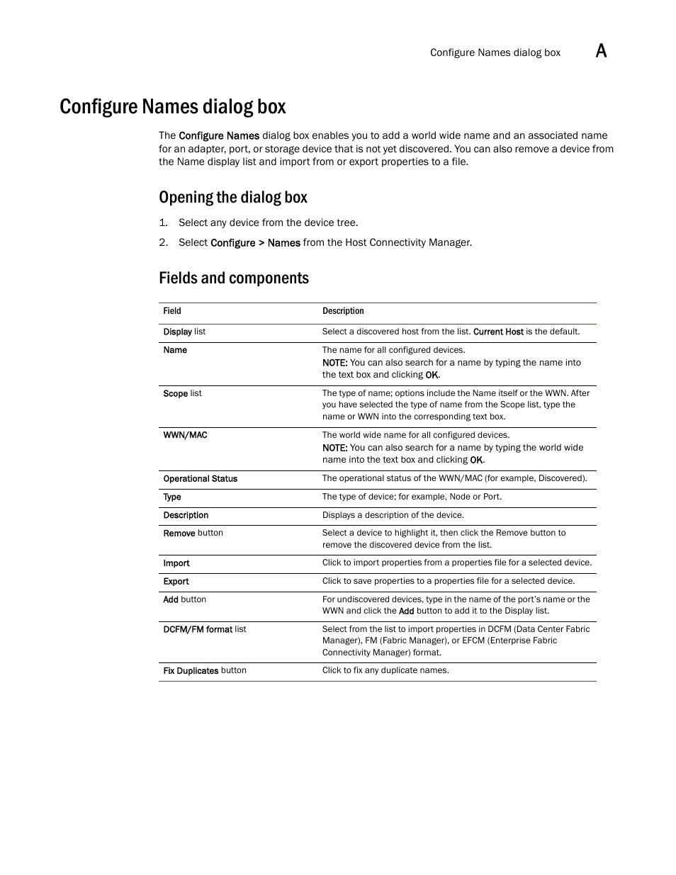 Configure names dialog box, Opening the dialog box, Fields and components | Brocade Communications Systems 415 User Manual | Page 87 / 186