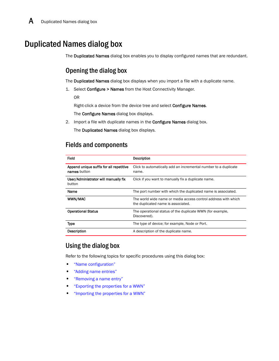 Duplicated names dialog box, Opening the dialog box, Fields and components using the dialog box | Brocade Communications Systems 415 User Manual | Page 90 / 186