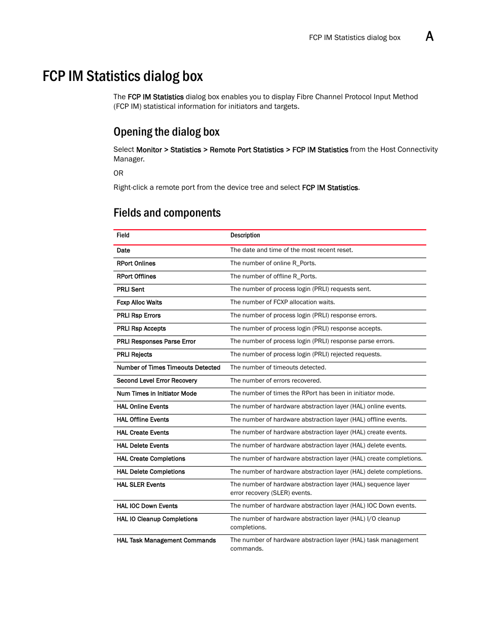 Fcp im statistics dialog box, Opening the dialog box, Fields and components | Brocade Communications Systems 415 User Manual | Page 93 / 186