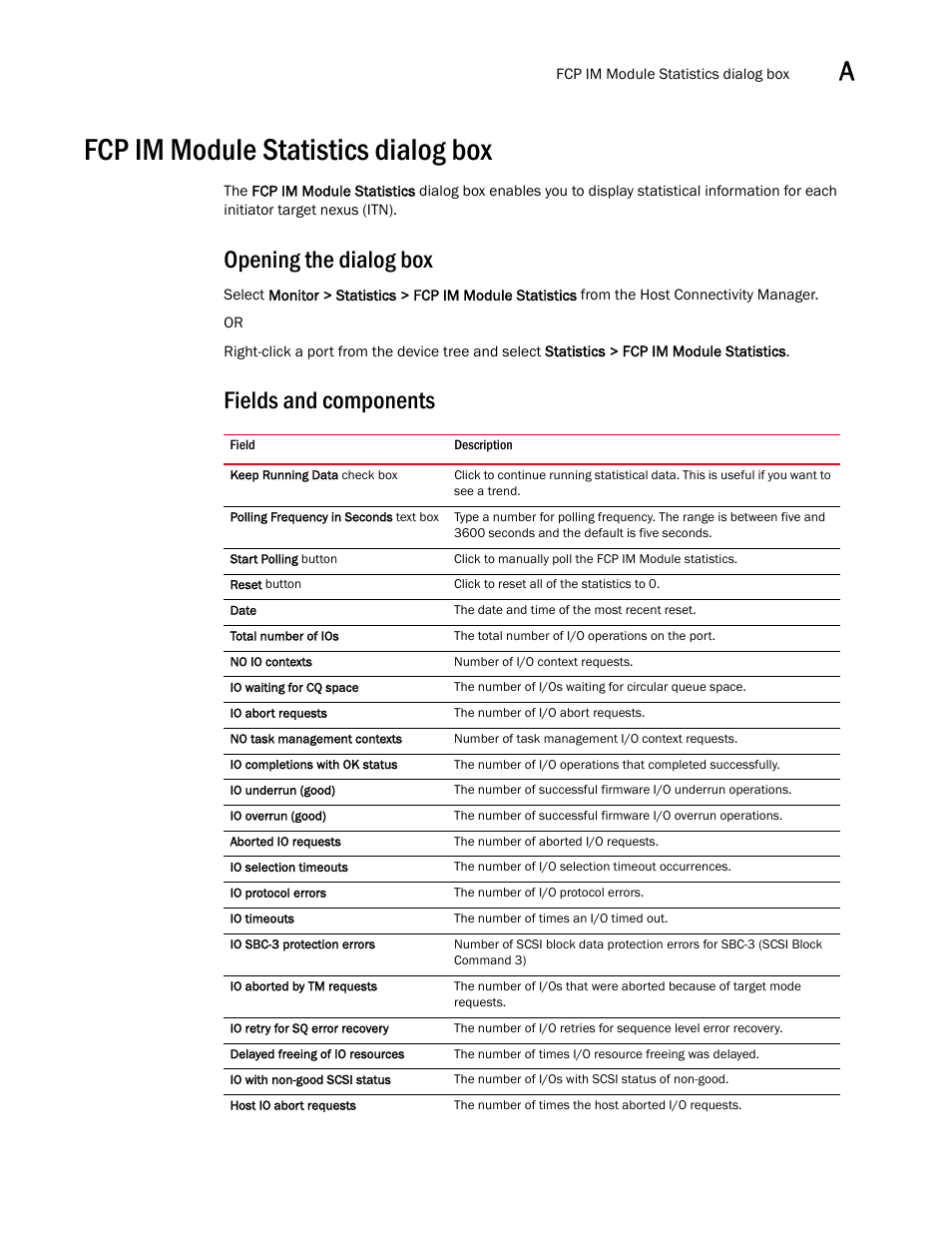 Fcp im module statistics dialog box, Opening the dialog box, Fields and components | Brocade Communications Systems 415 User Manual | Page 95 / 186