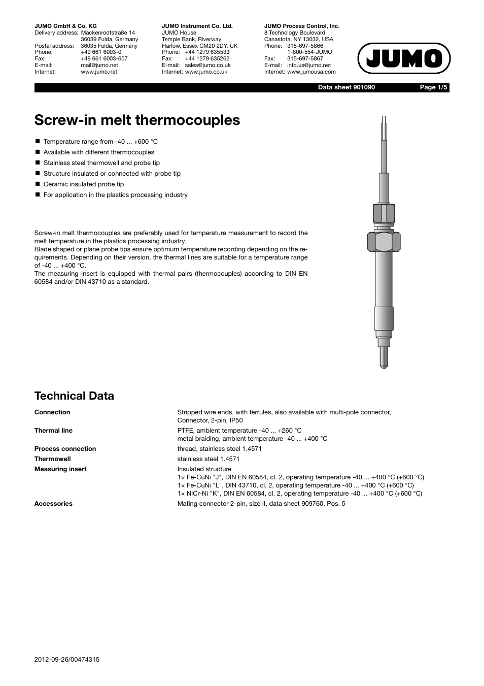 JUMO 901090 Screw-In Melt Thermocouples Data Sheet User Manual | 5 pages