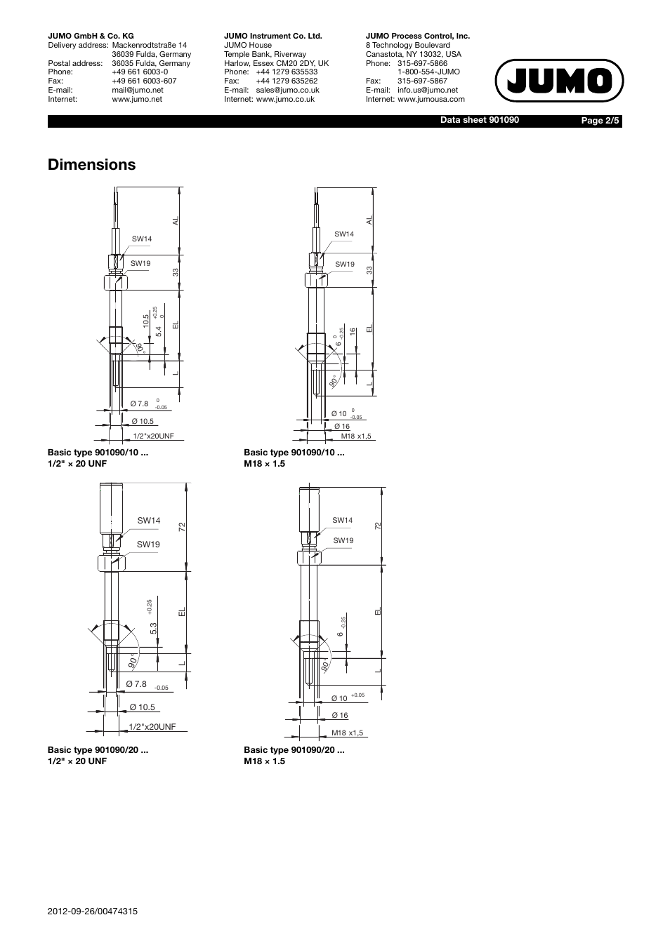 Dimensions | JUMO 901090 Screw-In Melt Thermocouples Data Sheet User Manual | Page 2 / 5