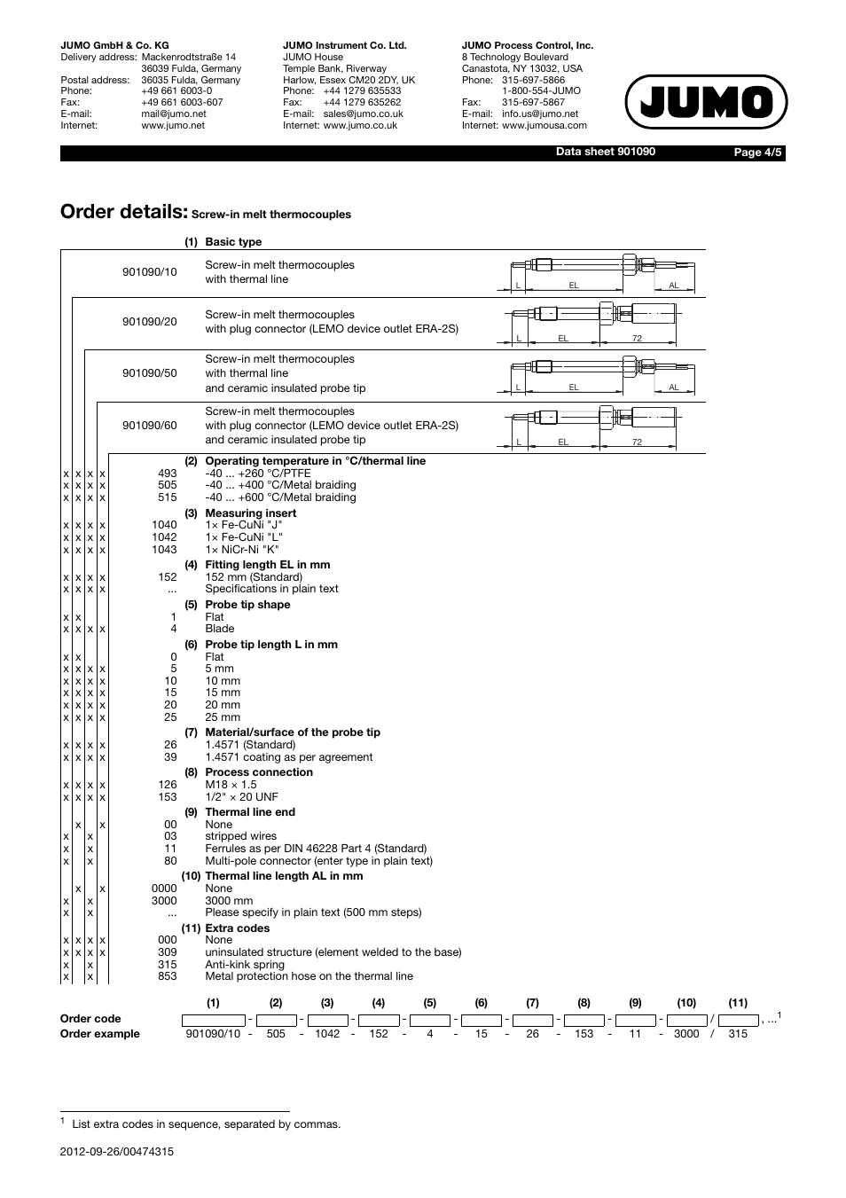 Order details | JUMO 901090 Screw-In Melt Thermocouples Data Sheet User Manual | Page 4 / 5