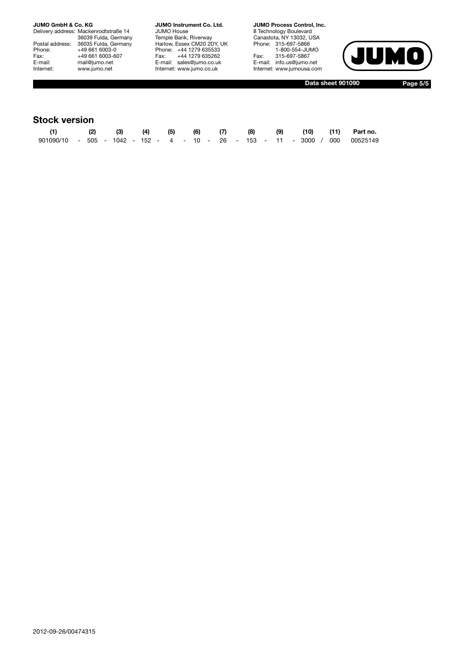 Stock version | JUMO 901090 Screw-In Melt Thermocouples Data Sheet User Manual | Page 5 / 5