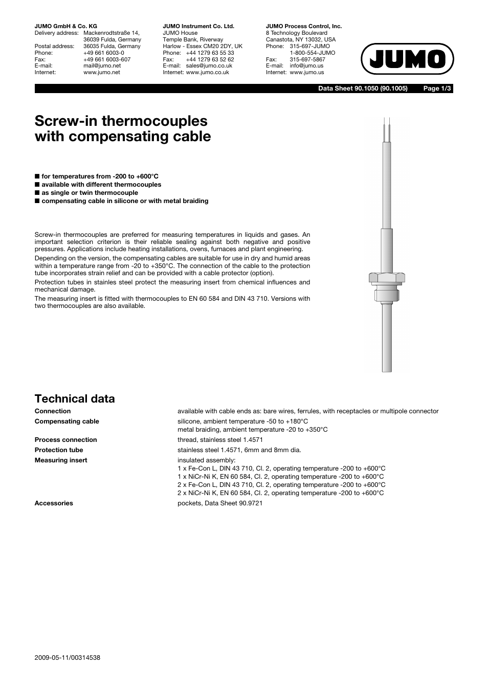 JUMO 901050 Screw-In Thermocouples with Compensating Cable Data Sheet User Manual | 3 pages