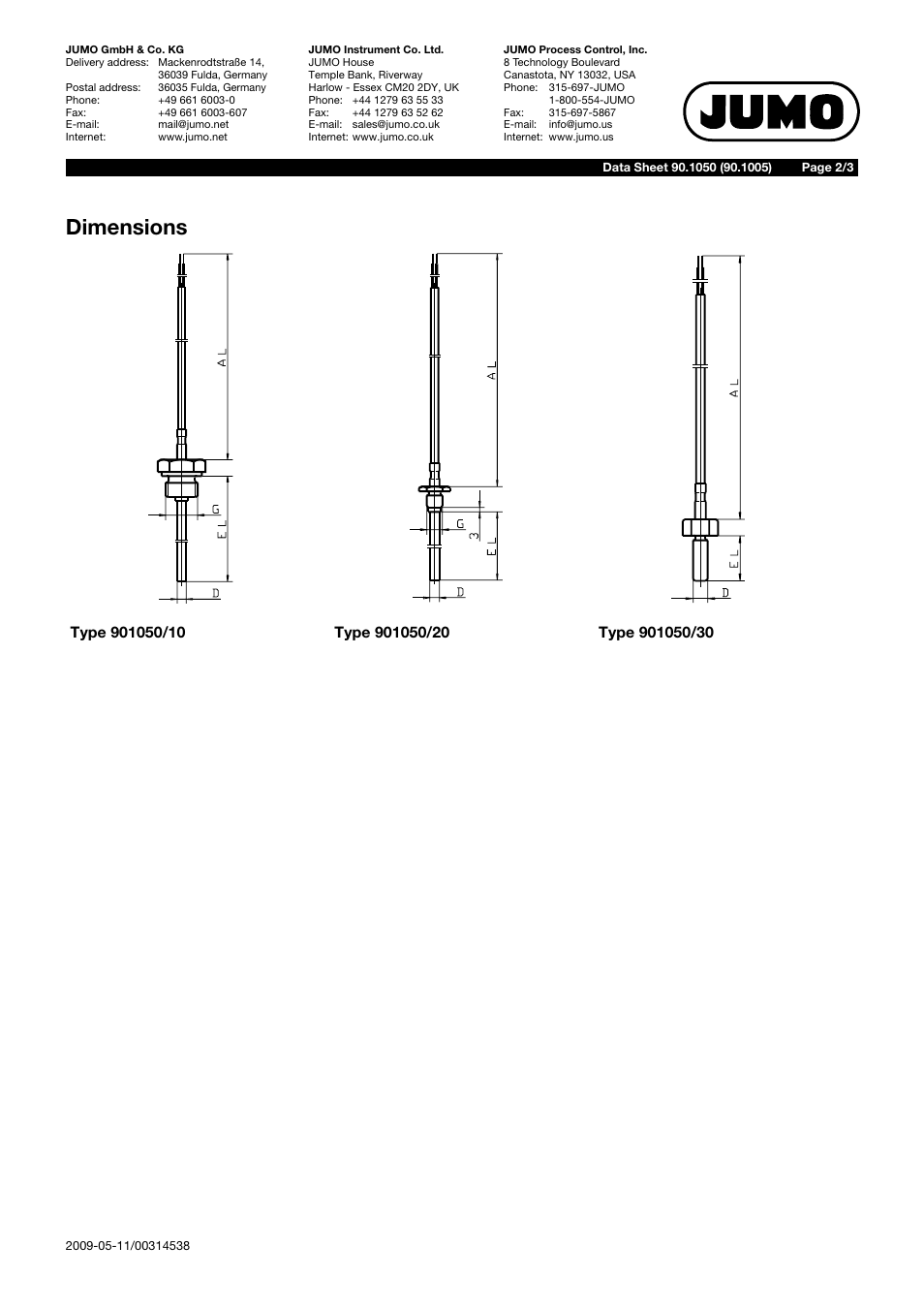 Dimensions | JUMO 901050 Screw-In Thermocouples with Compensating Cable Data Sheet User Manual | Page 2 / 3