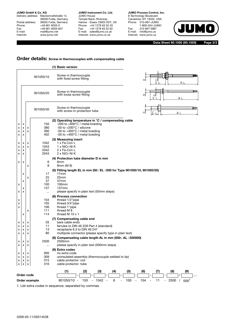 Order details | JUMO 901050 Screw-In Thermocouples with Compensating Cable Data Sheet User Manual | Page 3 / 3