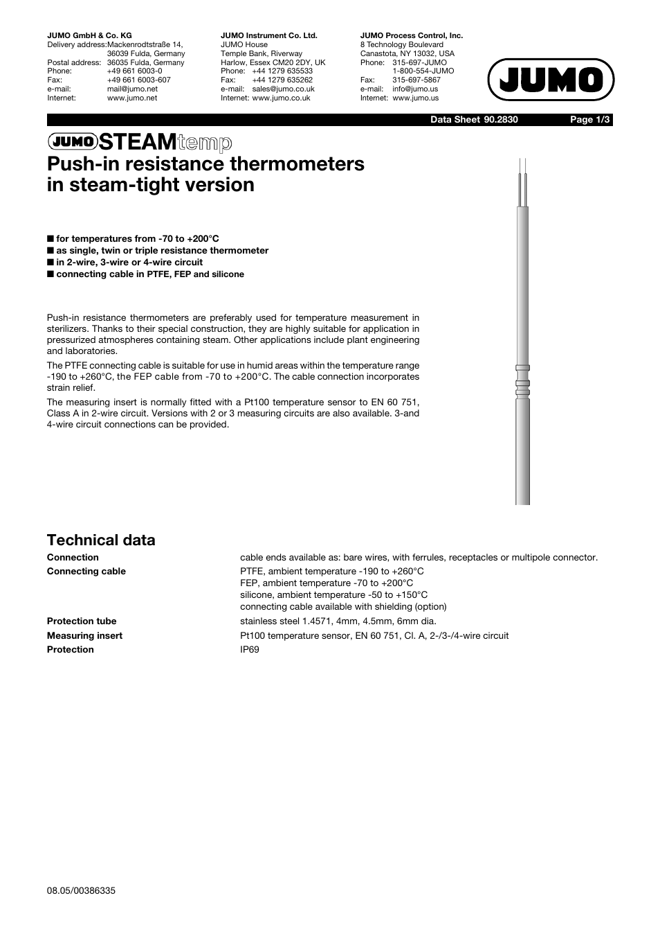 JUMO 902830 STEAMtemp Push-In RTD Temperature Probe in Steam-Tight Version Data Sheet User Manual | 3 pages