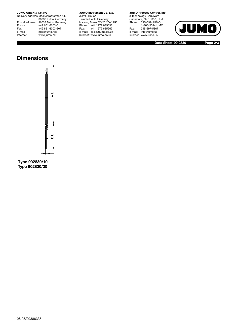 Dimensions | JUMO 902830 STEAMtemp Push-In RTD Temperature Probe in Steam-Tight Version Data Sheet User Manual | Page 2 / 3