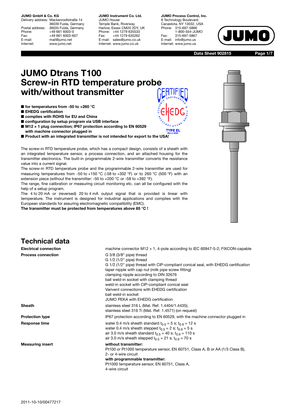 JUMO 902815 Dtrans T100 Screw-In RTD Temperature Probe Without/With Transmitter Data Sheet User Manual | 7 pages