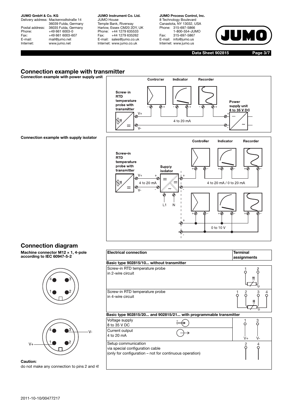 Connection example with transmitter, Connection diagram | JUMO 902815 Dtrans T100 Screw-In RTD Temperature Probe Without/With Transmitter Data Sheet User Manual | Page 3 / 7
