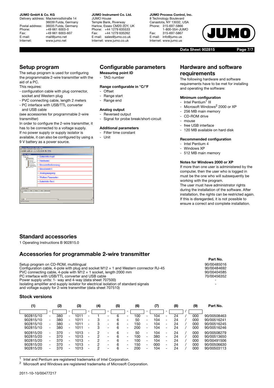 Setup program, Configurable parameters, Hardware and software requirements | Standard accessories, Accessories for programmable 2-wire transmitter | JUMO 902815 Dtrans T100 Screw-In RTD Temperature Probe Without/With Transmitter Data Sheet User Manual | Page 7 / 7