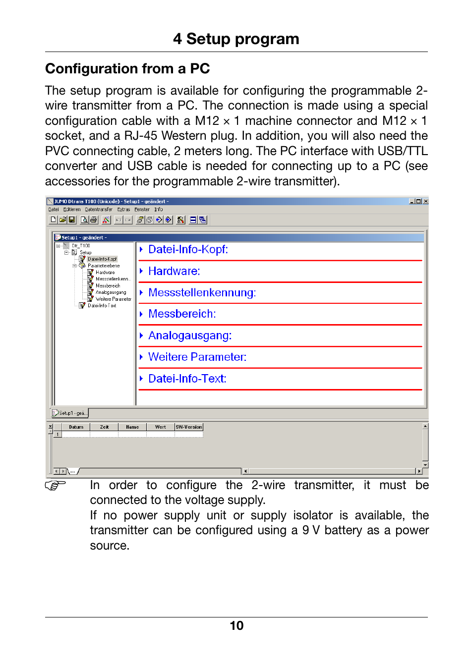 4 setup program, Setup program | JUMO 902815 Dtrans T100 Screw-In RTD Temperature Probe Without/With Transmitter Operating Manual User Manual | Page 10 / 24