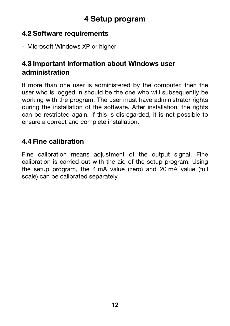2 software requirements, 4 fine calibration, Software requirements | Fine calibration, 4 setup program | JUMO 902815 Dtrans T100 Screw-In RTD Temperature Probe Without/With Transmitter Operating Manual User Manual | Page 12 / 24