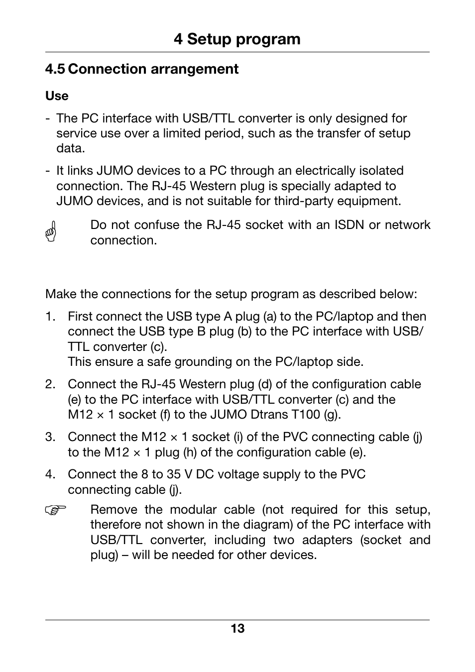 5 connection arrangement, Connection arrangement, 4 setup program | JUMO 902815 Dtrans T100 Screw-In RTD Temperature Probe Without/With Transmitter Operating Manual User Manual | Page 13 / 24