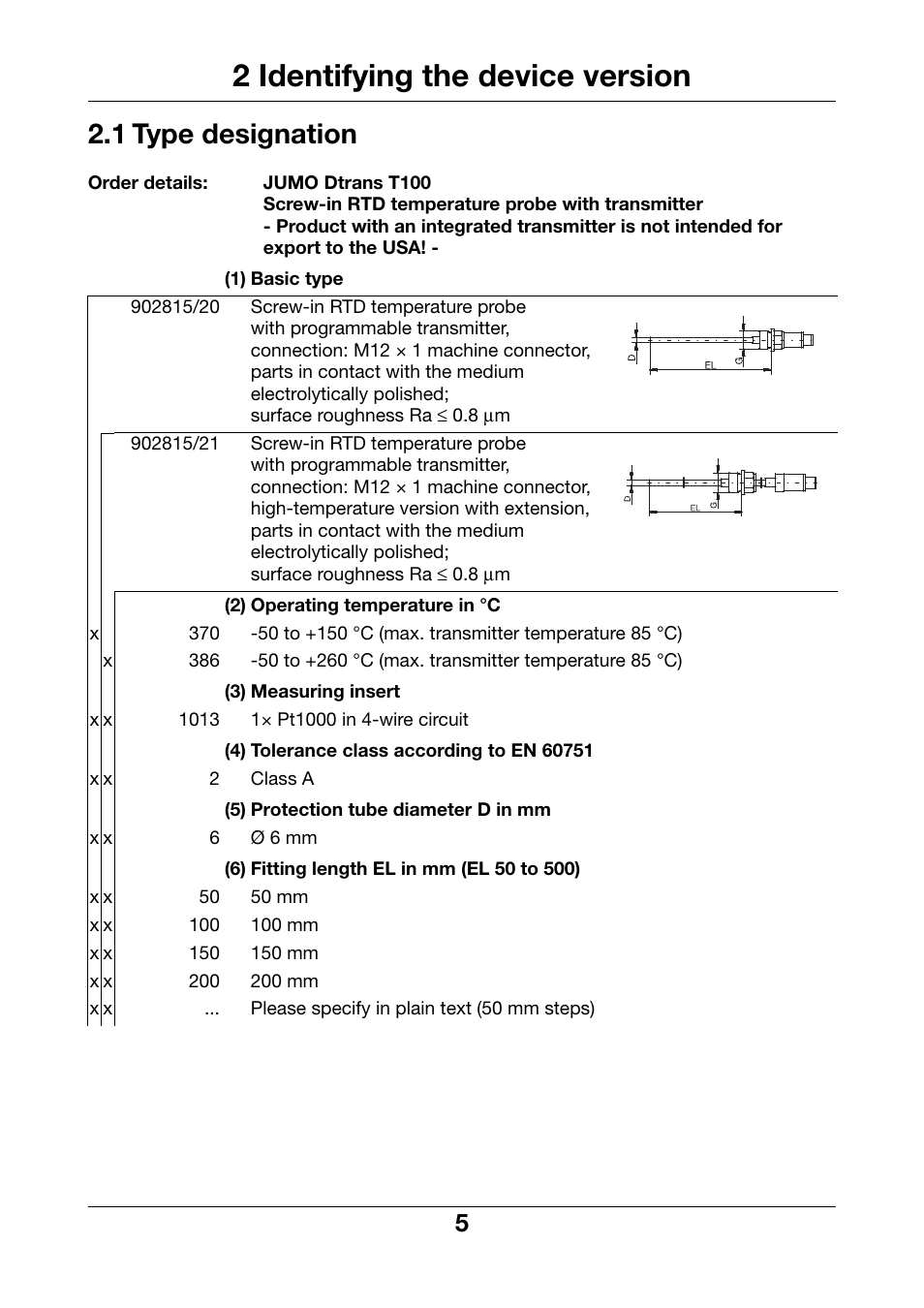 2 identifying the device version, 1 type designation, Identifying the device version | Type designation | JUMO 902815 Dtrans T100 Screw-In RTD Temperature Probe Without/With Transmitter Operating Manual User Manual | Page 5 / 24