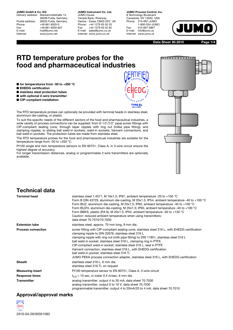 JUMO 902810 RTD Temperature Probe for the Food and Pharmaceutical Industry Data Sheet User Manual | 4 pages