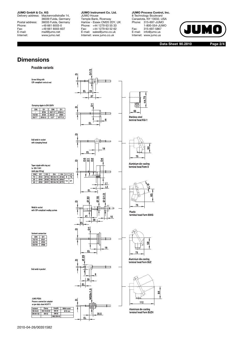 Dimensions | JUMO 902810 RTD Temperature Probe for the Food and Pharmaceutical Industry Data Sheet User Manual | Page 2 / 4