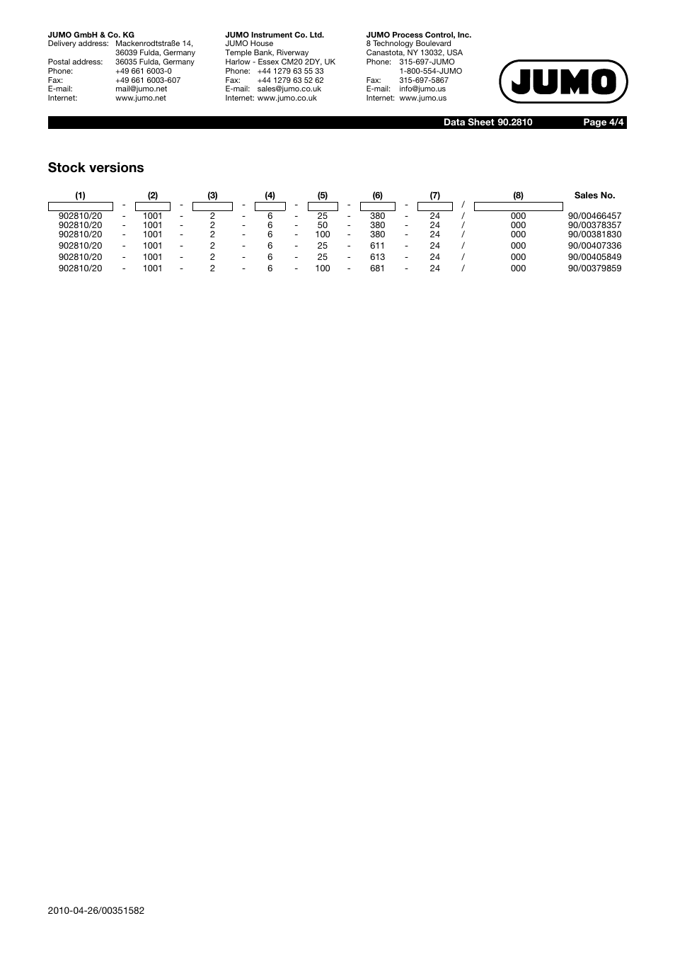 Stock versions | JUMO 902810 RTD Temperature Probe for the Food and Pharmaceutical Industry Data Sheet User Manual | Page 4 / 4