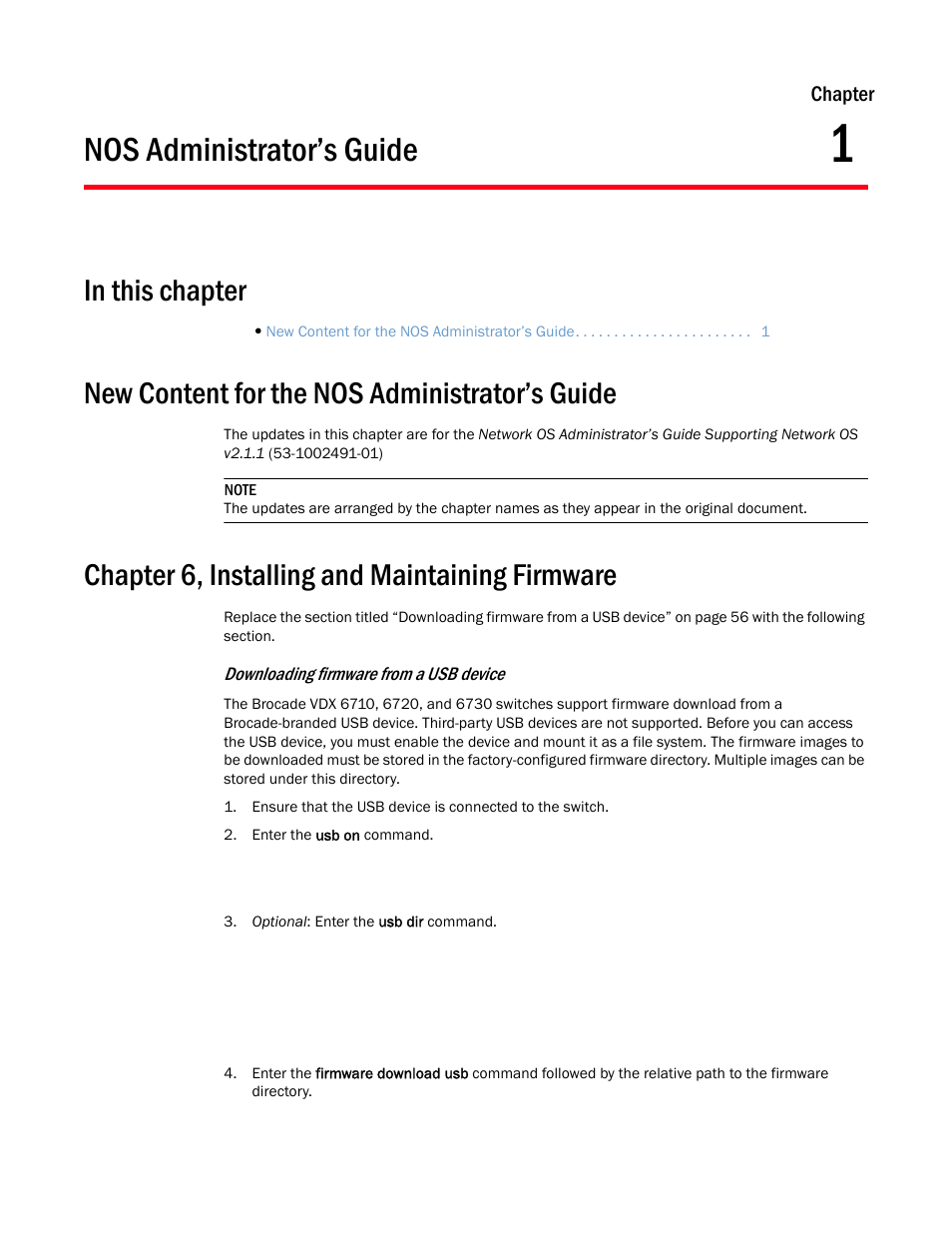 Nos administrator’s guide, In this chapter, New content for the nos administrator’s guide | Chapter 6, installing and maintaining firmware, Chapter 1 | Brocade Communications Systems Brocade Network OS 2.1 User Manual | Page 11 / 44