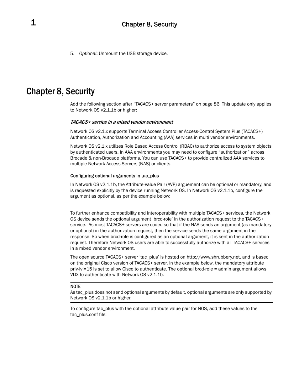 Chapter 8, security, Tacacs+ service in a mixed vendor environment | Brocade Communications Systems Brocade Network OS 2.1 User Manual | Page 12 / 44