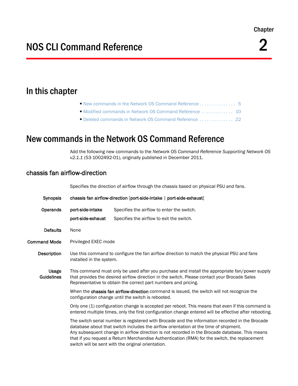 Nos cli command reference, In this chapter, New commands in the network os command reference | Chassis fan airflow-direction, Chapter 2, Chapter 2, “nos cli, Command reference | Brocade Communications Systems Brocade Network OS 2.1 User Manual | Page 15 / 44