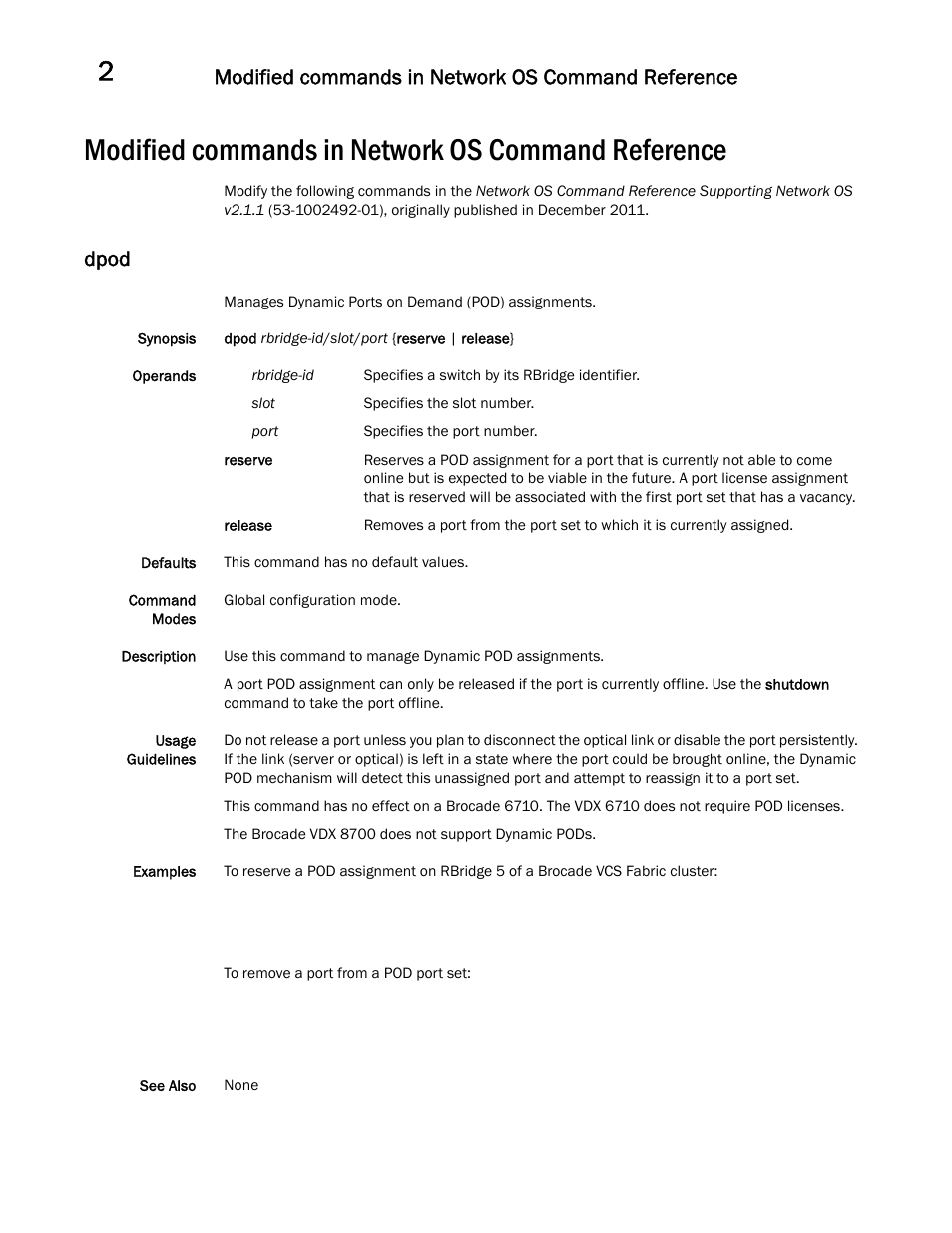 Modified commands in network os command reference, Dpod | Brocade Communications Systems Brocade Network OS 2.1 User Manual | Page 20 / 44