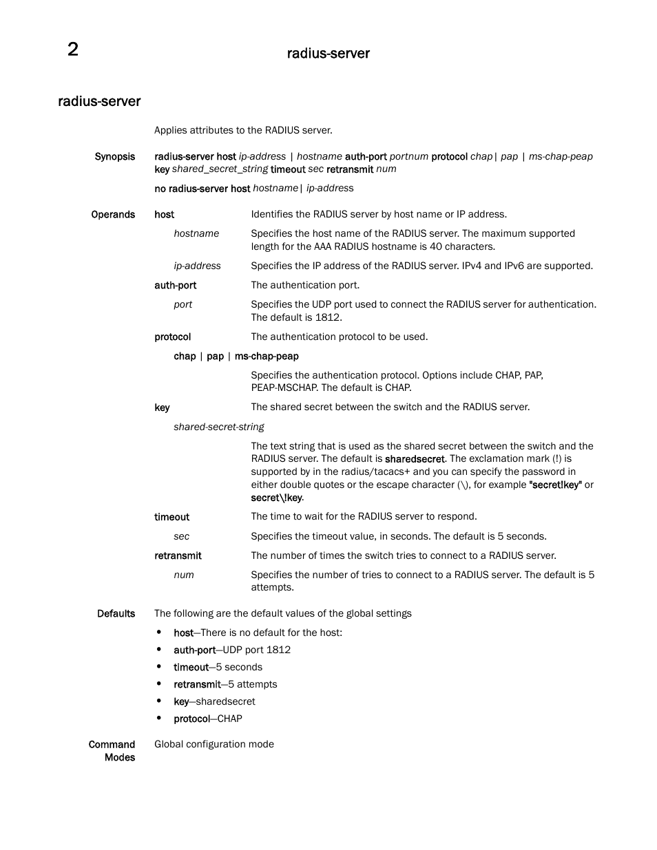 Radius-server | Brocade Communications Systems Brocade Network OS 2.1 User Manual | Page 24 / 44