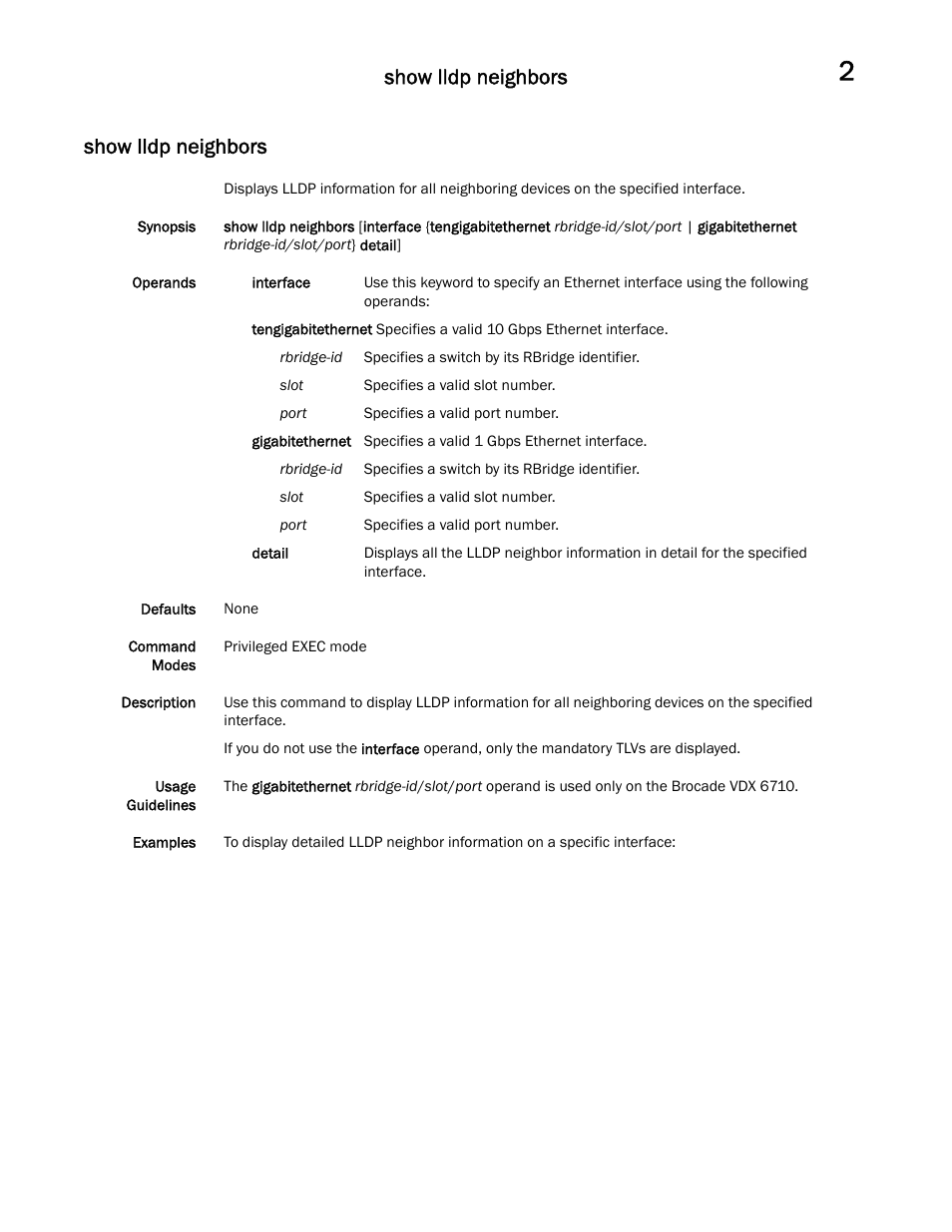 Show lldp neighbors | Brocade Communications Systems Brocade Network OS 2.1 User Manual | Page 27 / 44