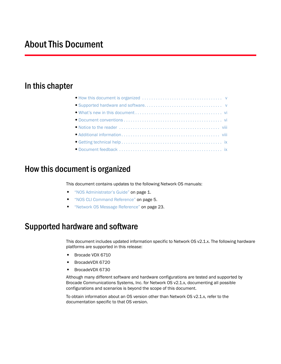 About this document, In this chapter, How this document is organized | Supported hardware and software | Brocade Communications Systems Brocade Network OS 2.1 User Manual | Page 5 / 44