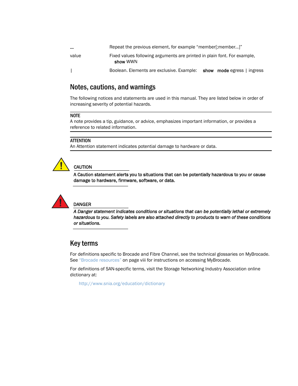 Notes, cautions, and warnings, Key terms | Brocade Communications Systems Brocade Network OS 2.1 User Manual | Page 7 / 44
