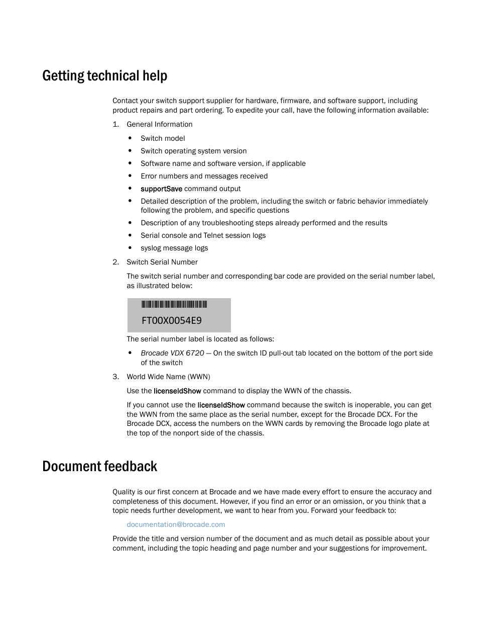 Getting technical help, Document feedback | Brocade Communications Systems Brocade Network OS 2.1 User Manual | Page 9 / 44